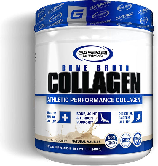 Gaspari Nutrition Bone Broth Collagen bottle showcases natural vanilla flavor for daily protein support.
