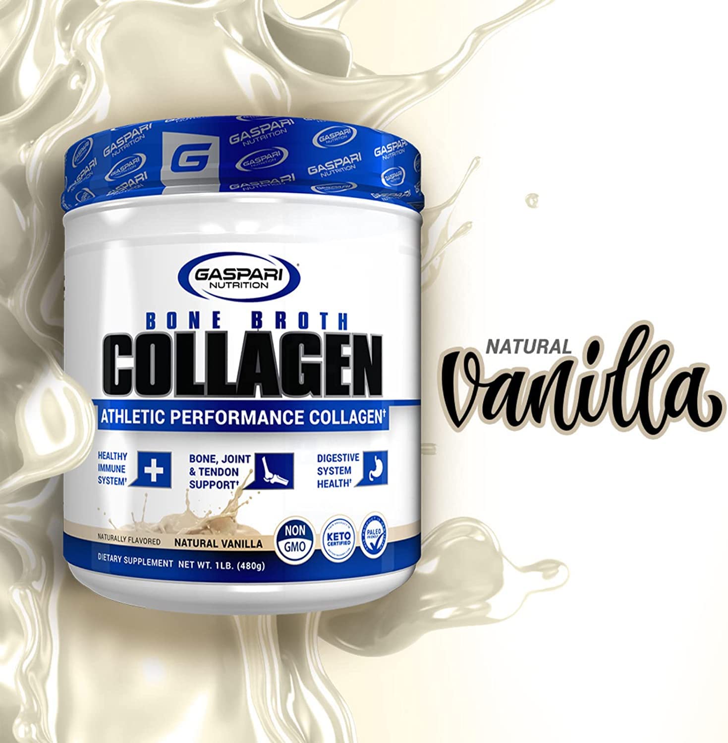 Gaspari Nutrition Bone Broth Collagen pouring powder into liquid demonstrates easy use.