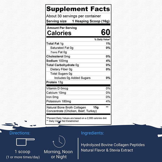 Gaspari Nutrition Bone Broth Collagen powder scoop highlights convenient 13 g protein per serving.