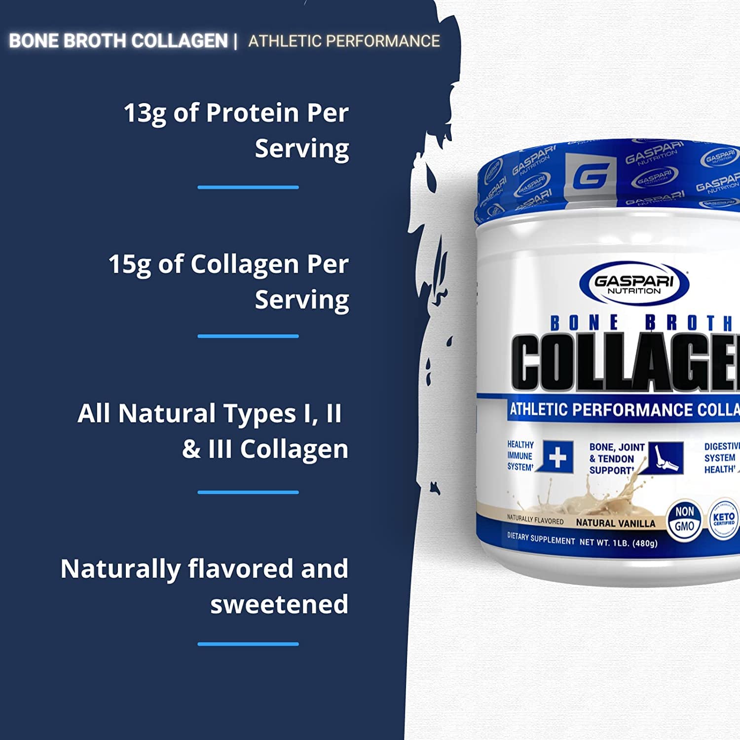 Gaspari Nutrition Bone Broth Collagen vanilla label emphasizes clean ingredients.