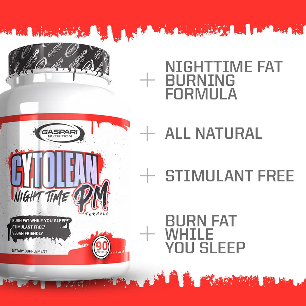 Gaspari Nutrition Cytolean PM melatonin sleep-support components promote restful nights.