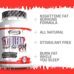 Gaspari Nutrition Cytolean PM melatonin sleep-support components promote restful nights.
