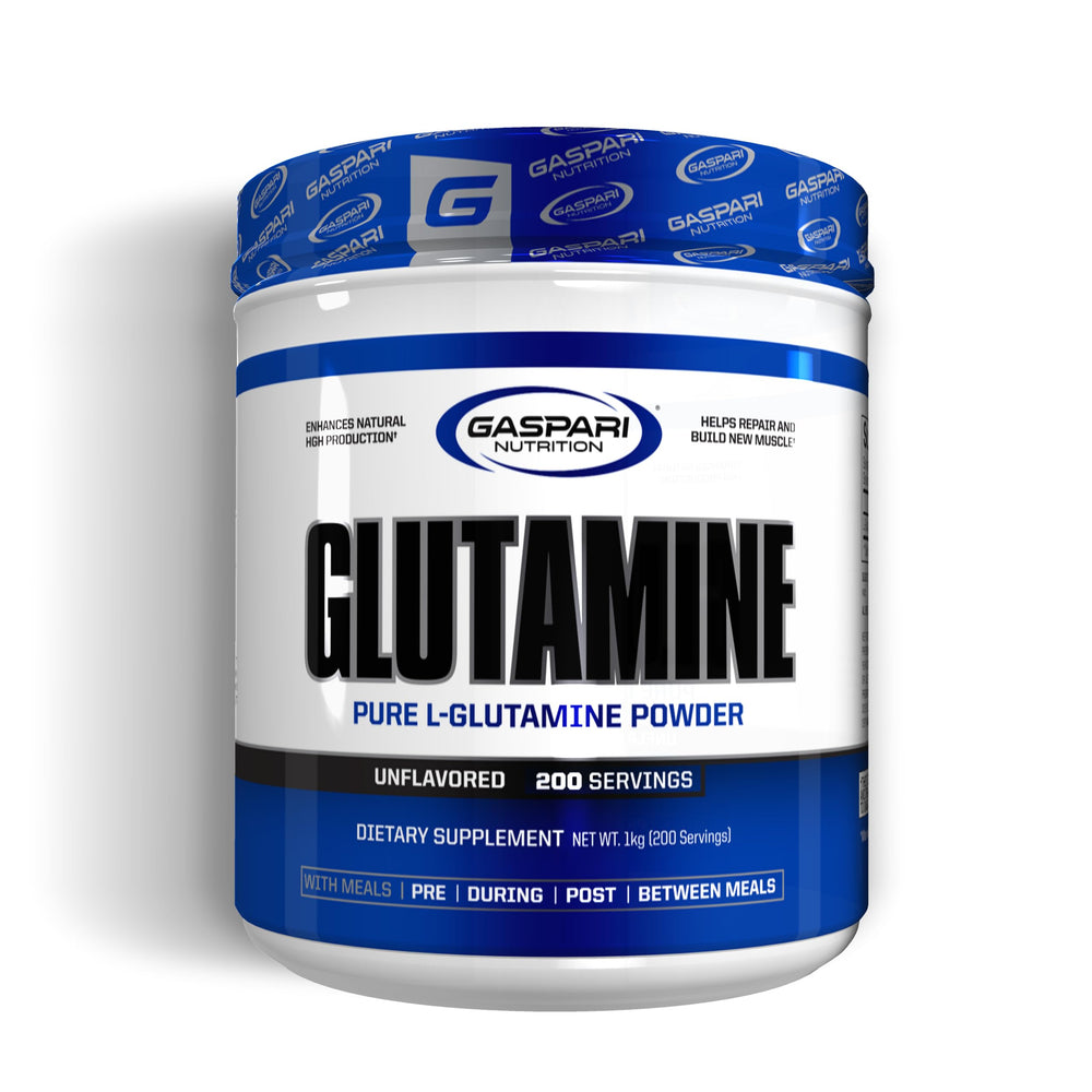 Gaspari Nutrition Glutamine powder in unflavored form, ideal for post-workout recovery.