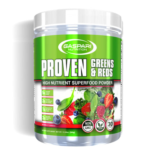 Gaspari Greens and Reds front label emphasizing organic superfood blend for daily nutrition
