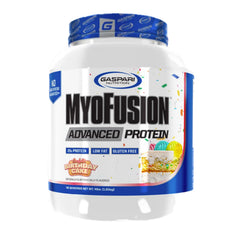 Gaspari Nutrition Myofusion Birthday Cake powder highlights a high-protein blend for workouts