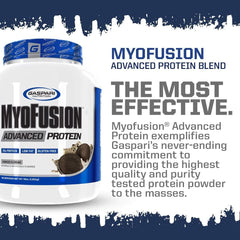 Gaspari Nutrition Myofusion label closeup confirms gluten-free, low-fat protein option