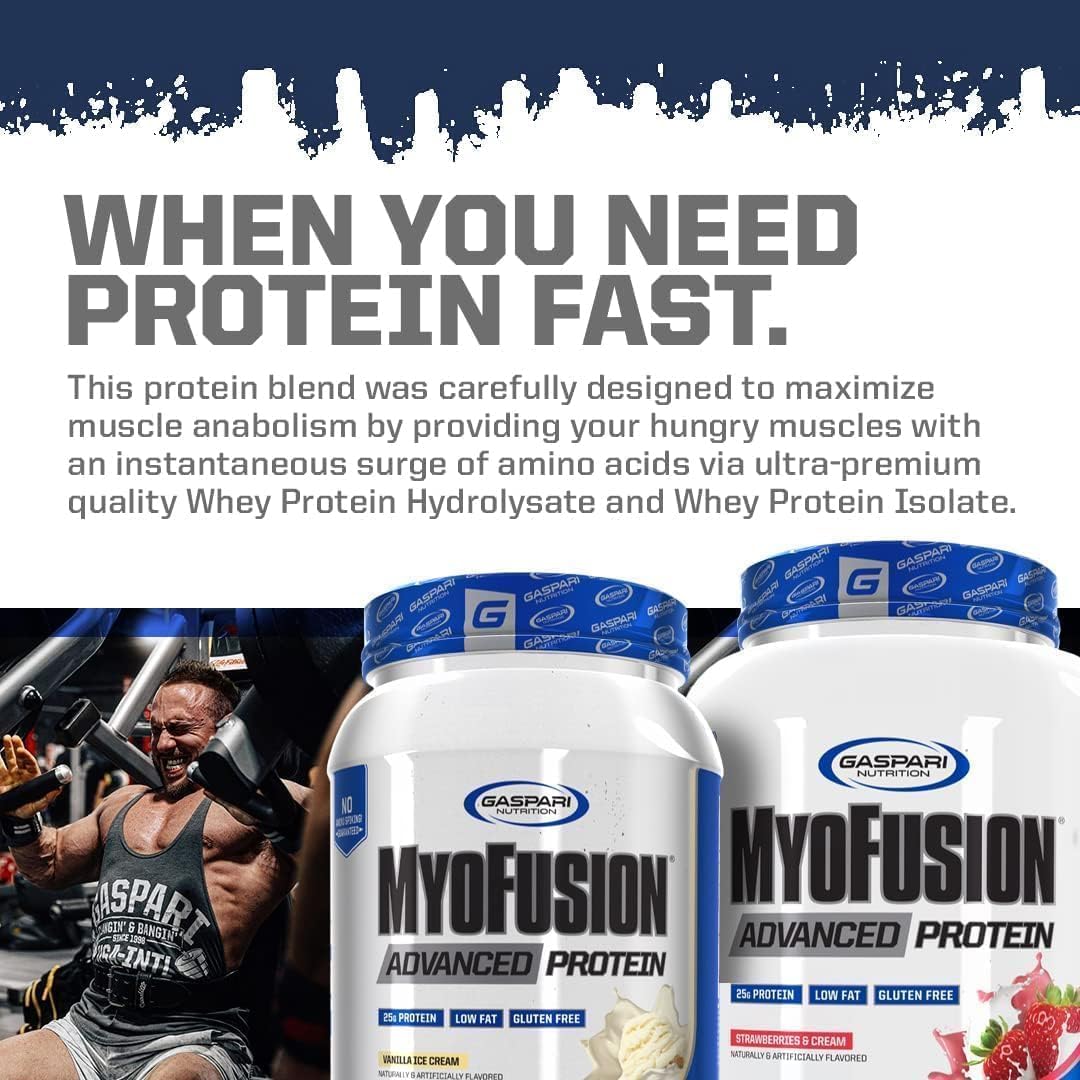 Gaspari Nutrition Myofusion scoop closeup emphasizes 25 g protein per serving