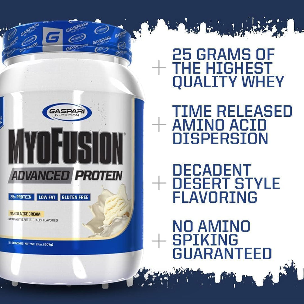 Gaspari Nutrition Myofusion shake glass reveals creamy texture ideal for post-workout recovery