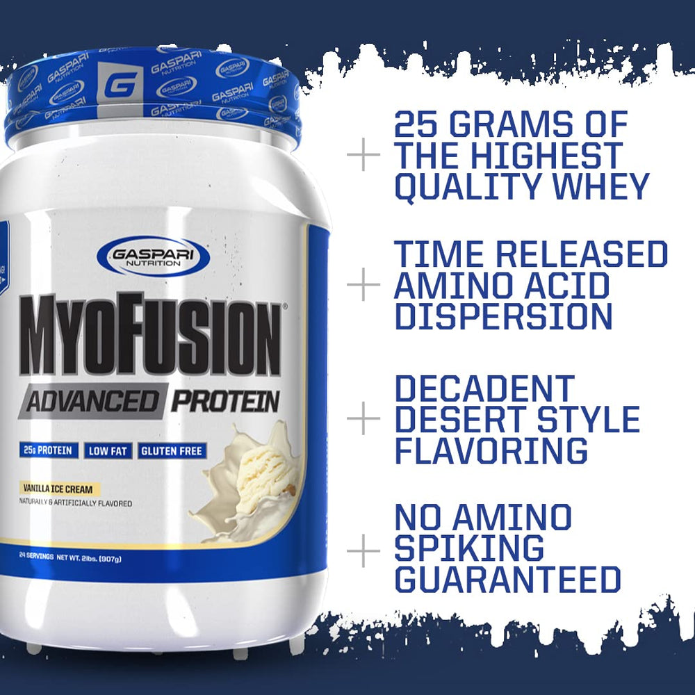 Gaspari Myofusion Vanilla Ice Cream nutrition label emphasizing protein and amino acids