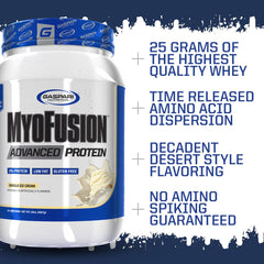 Gaspari Myofusion Vanilla Ice Cream nutrition label emphasizing protein and amino acids