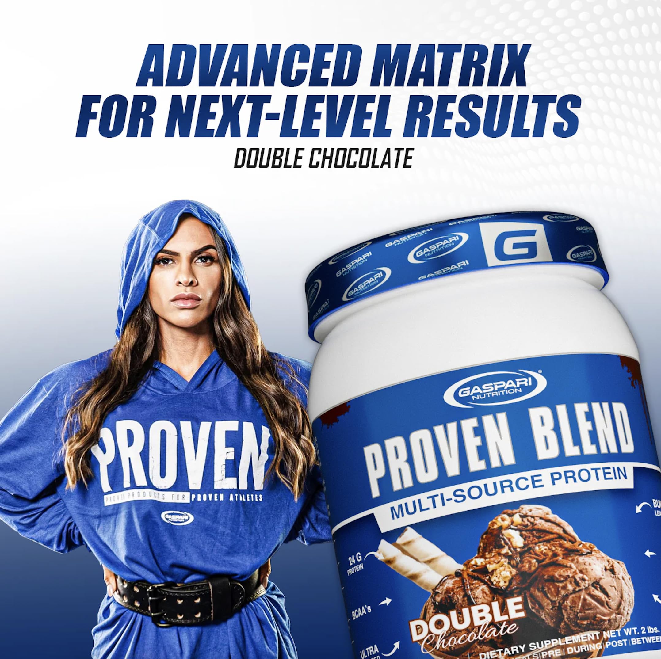 Gaspari Proven Blend pre/post workout use scene suggests versatile timing for training days.