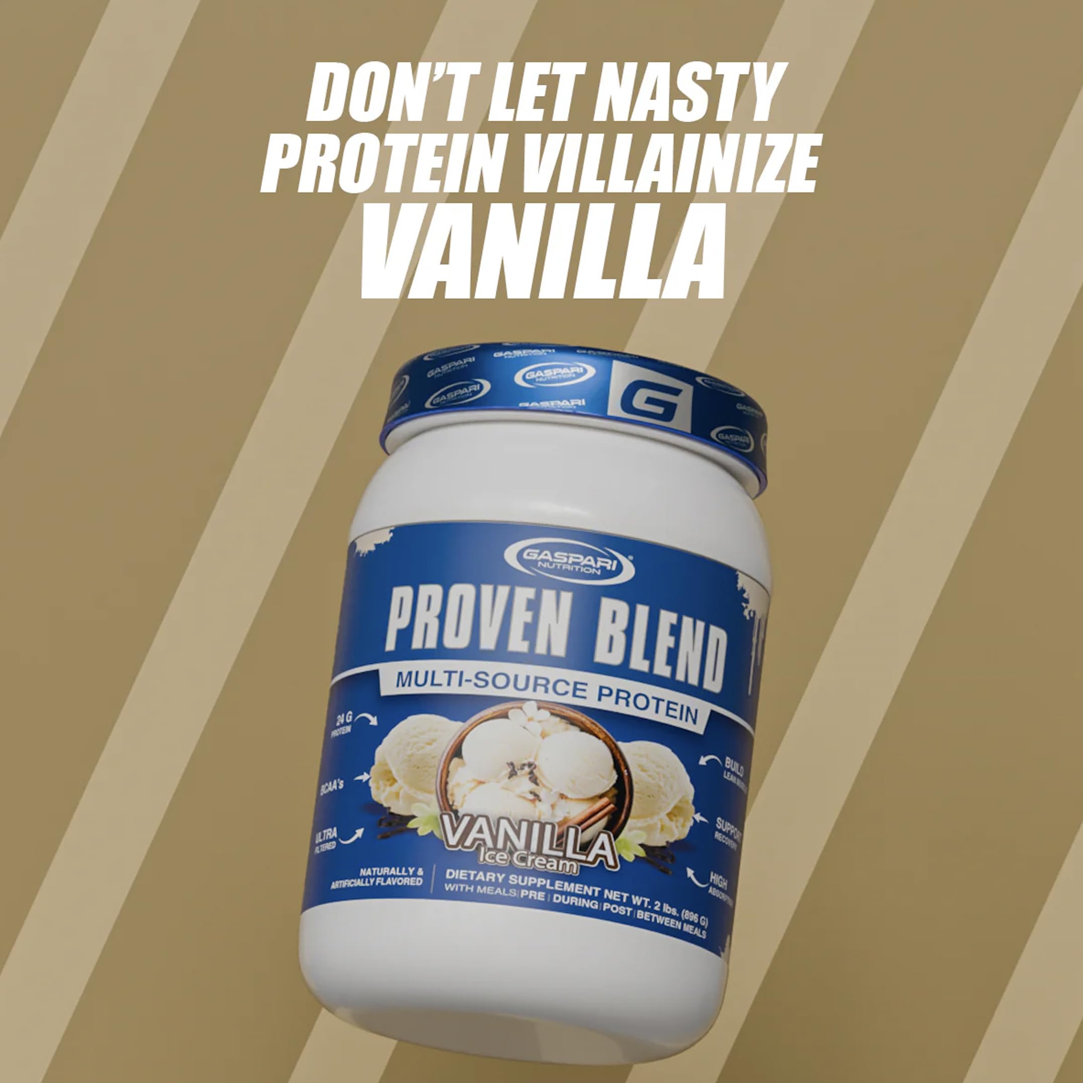 Gaspari Proven Blend scoop measuring image demonstrates portion control for consistent usage.