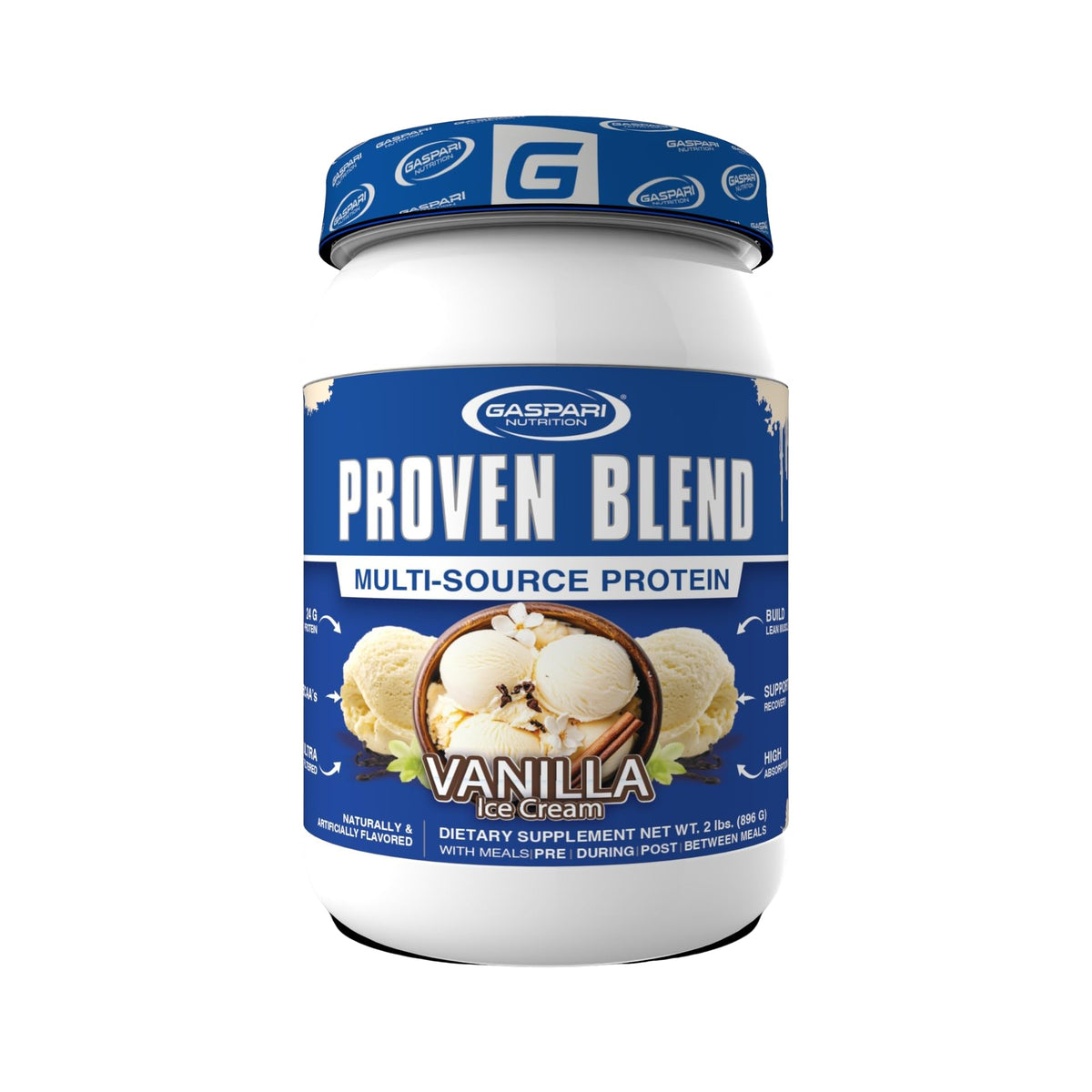 Gaspari Nutrition Proven Blend vanilla ice cream bottle for lean muscle support and flavor enjoyment.