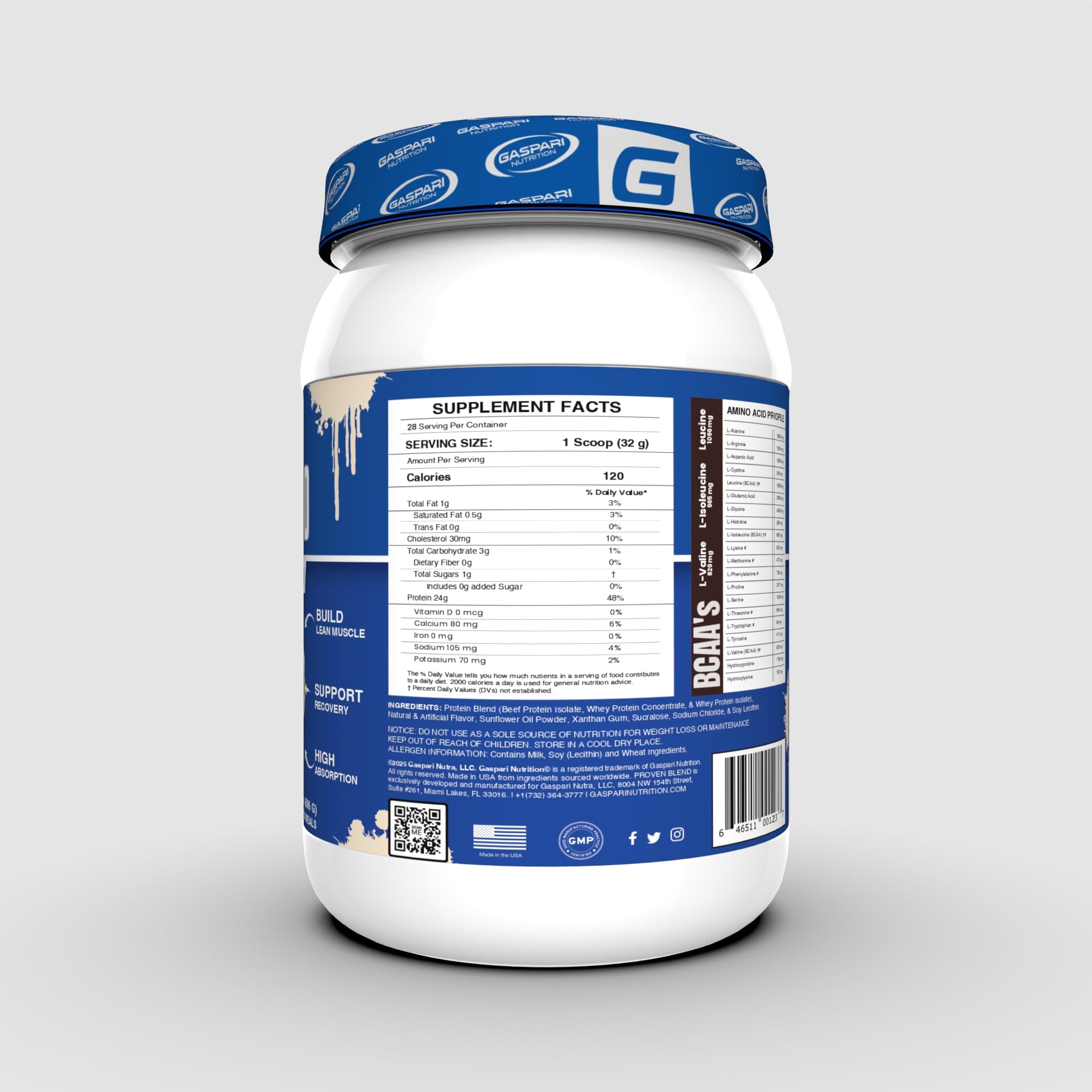 Gaspari Proven Blend whey hydrolysate powder emphasizes fast-acting protein for quick recovery.