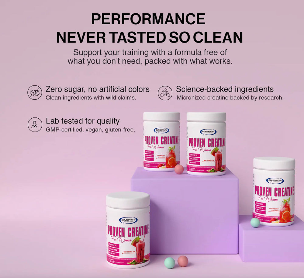Gaspari Nutrition Proven Creatine for Women packaging on a kitchen counter.