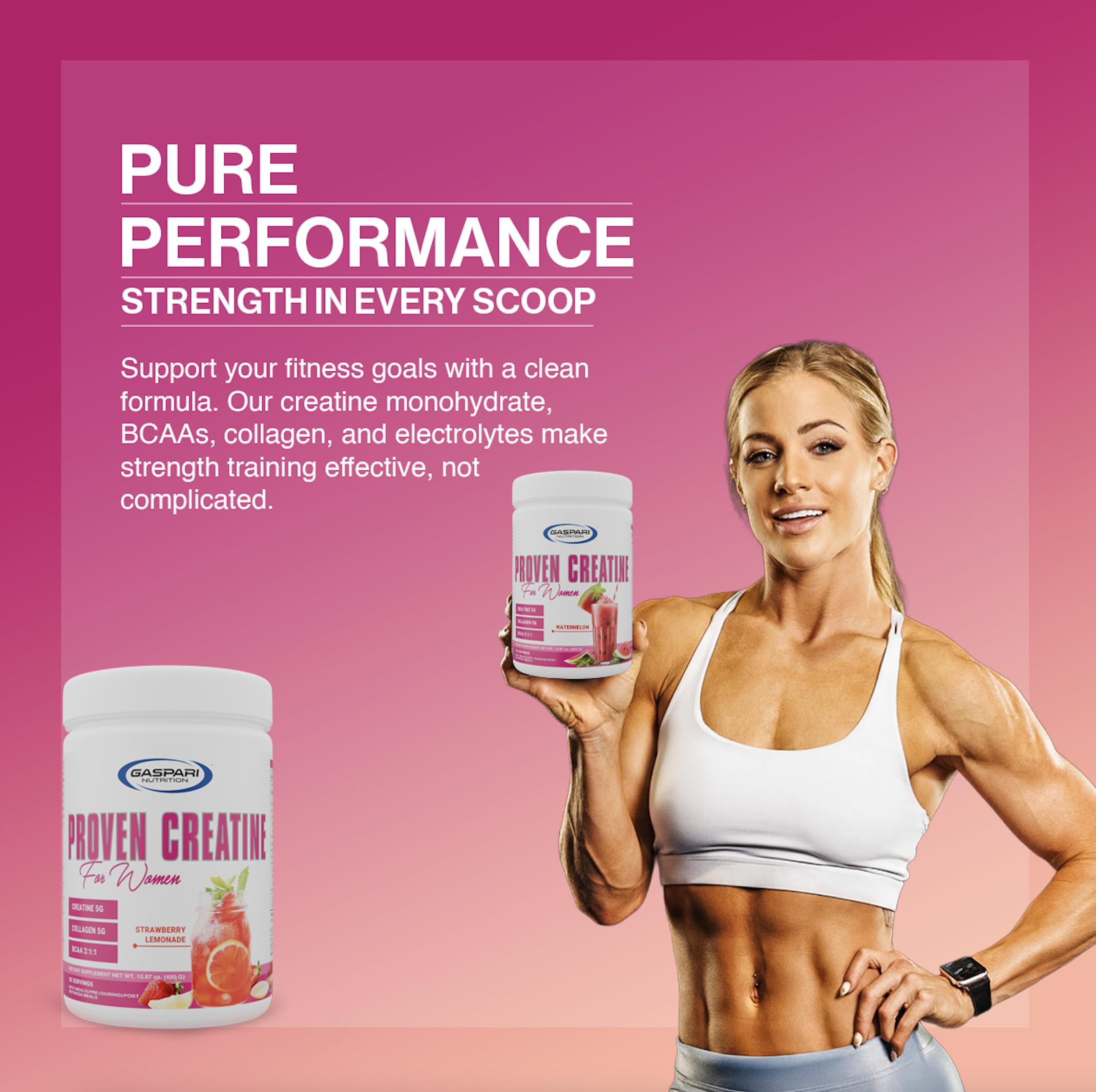 Gaspari Nutrition Proven Creatine for Women strawberry lemonade flavor shown in a glass.