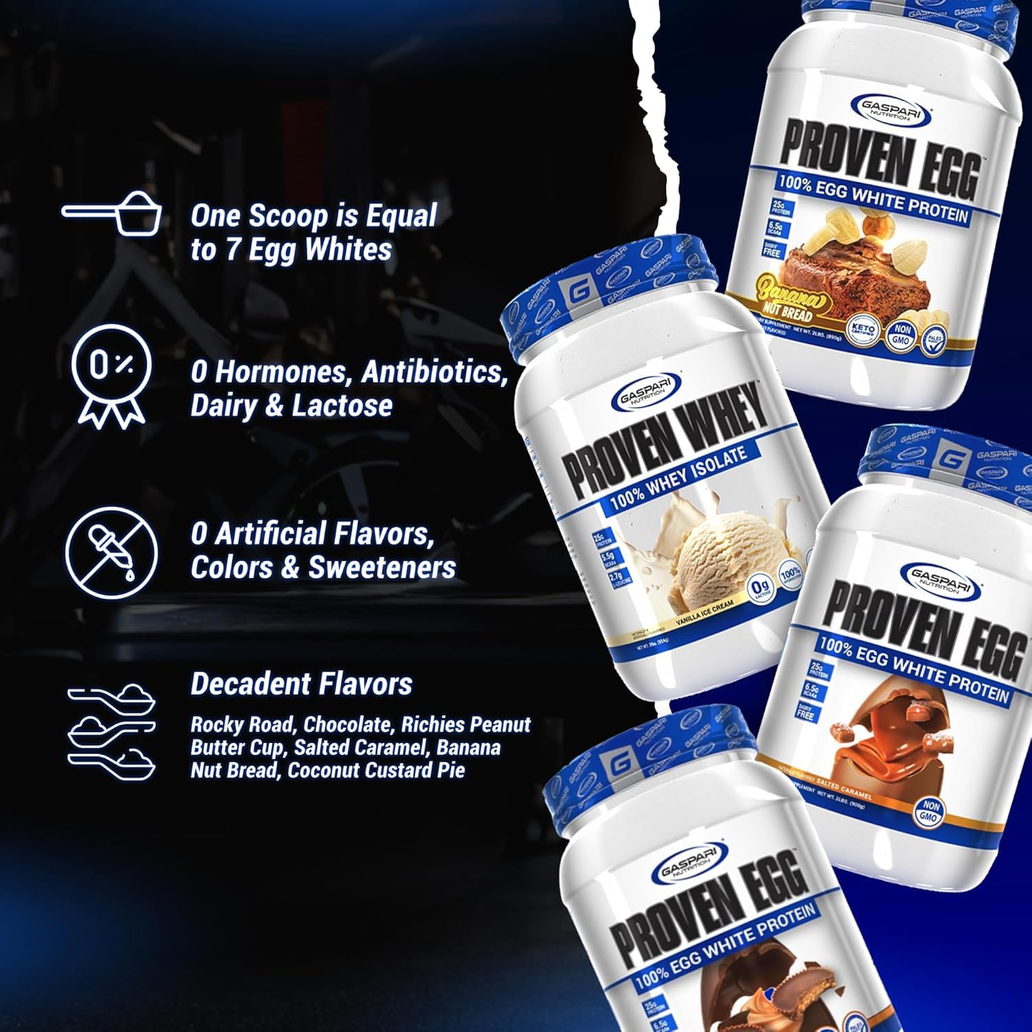 Gaspari Nutrition Proven Egg dairy-free badge and nutrition facts on the box