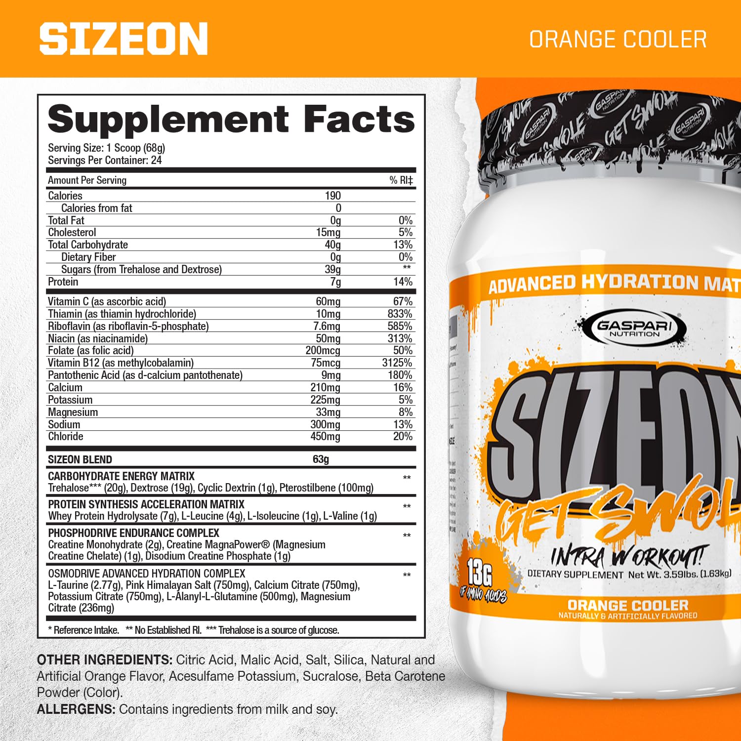 Gaspari Nutrition SizeOn orange cooler pour captures mixing for quick intra-workout use.