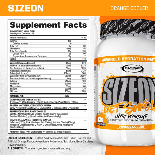 Gaspari Nutrition SizeOn orange cooler pour captures mixing for quick intra-workout use.