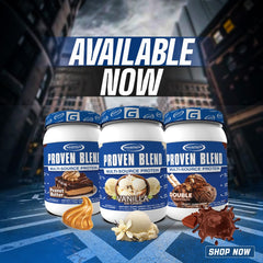 Gaspari Proven Blend ingredients panel showcases hydrolysate and BCAAs for workouts.