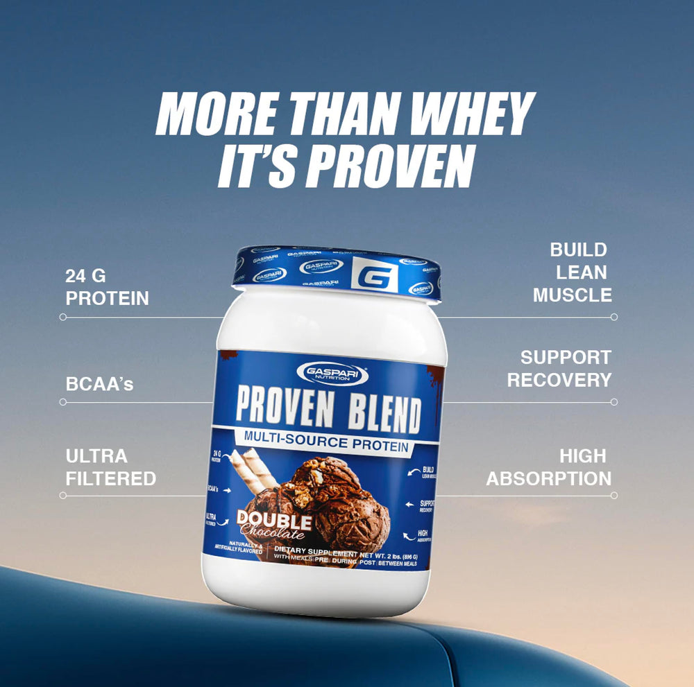 Gaspari Proven Blend serving-size label guides portioning for steady protein throughout the day.