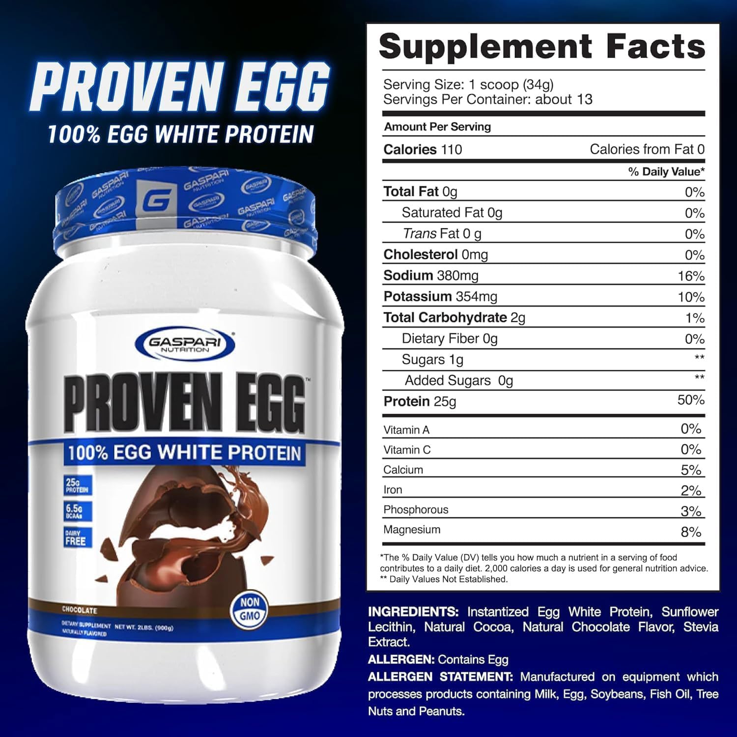 Gaspari Proven Egg protein chocolate powder canister with scoop for post-workout recovery.
