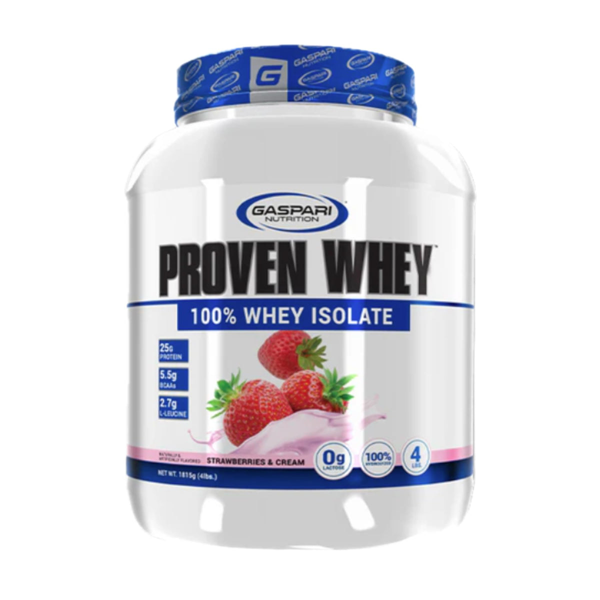 Gaspari Proven Whey bottle close-up in Strawberries & Cream flavor for high-protein shake.