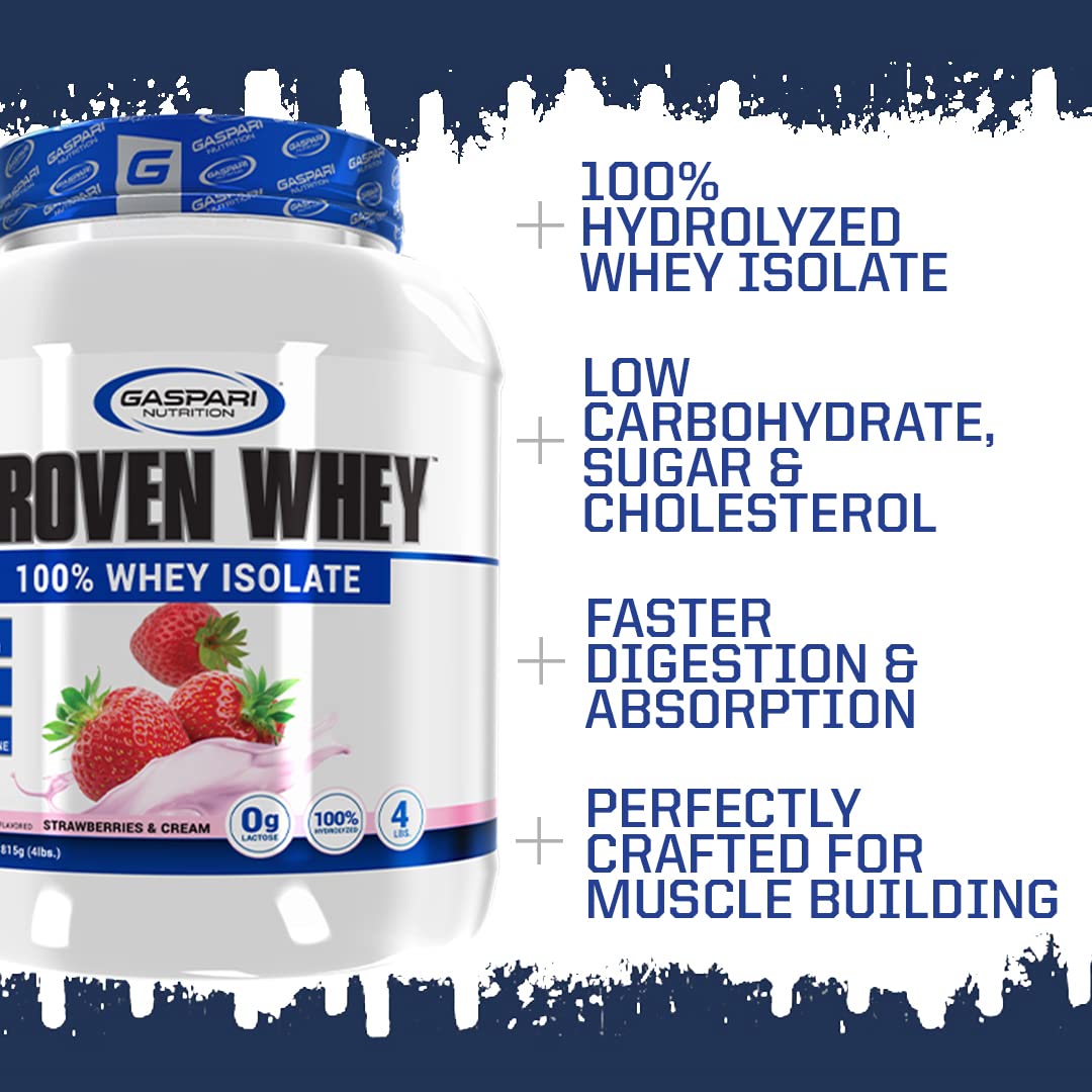 Gaspari Proven Whey pour-shot showing fast-dissolving hydrolyzed whey isolate.