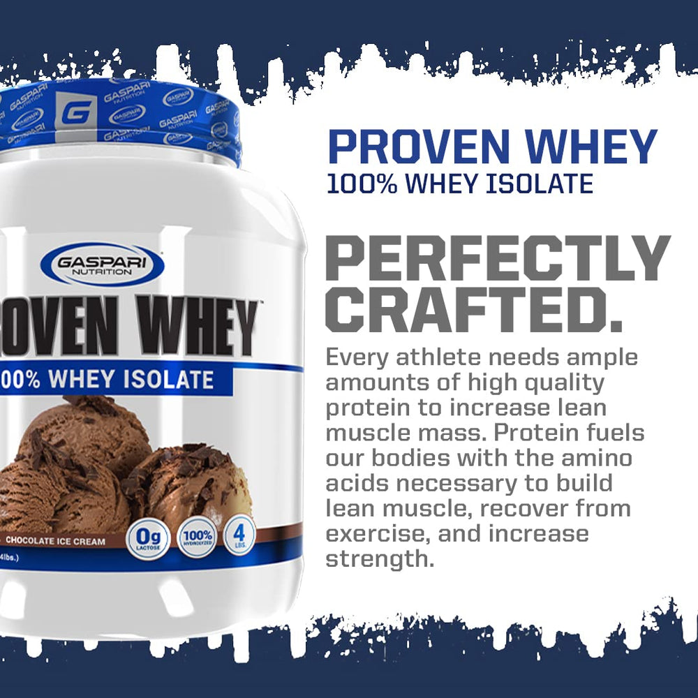 Gaspari Proven Whey tub side label highlighting hydrolyzed protein and lactose-free formula.