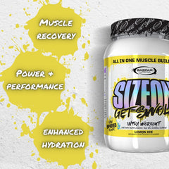 Gaspari SizeOn powder jar close-up emphasizing blend of amino acids and creatine.