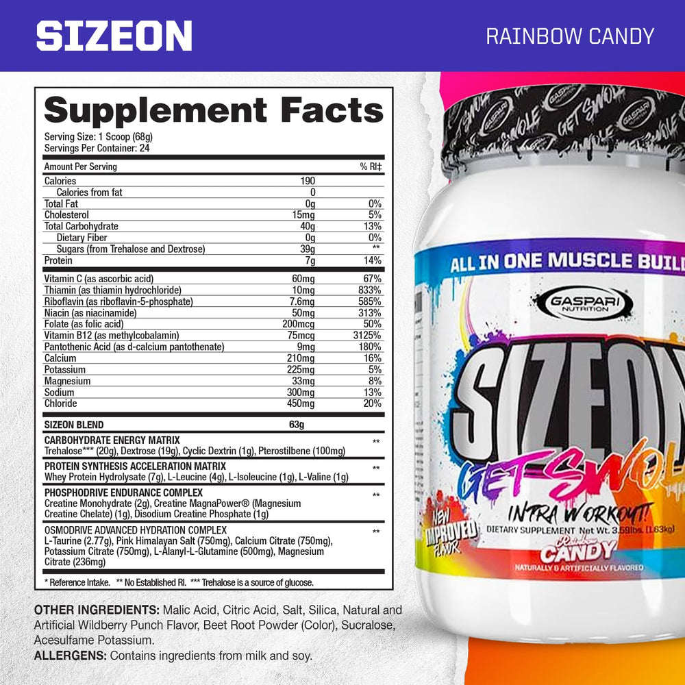 Gaspari SizeOn Rainbow Candy scoop shown for fast intra-workout amino and creatine support.