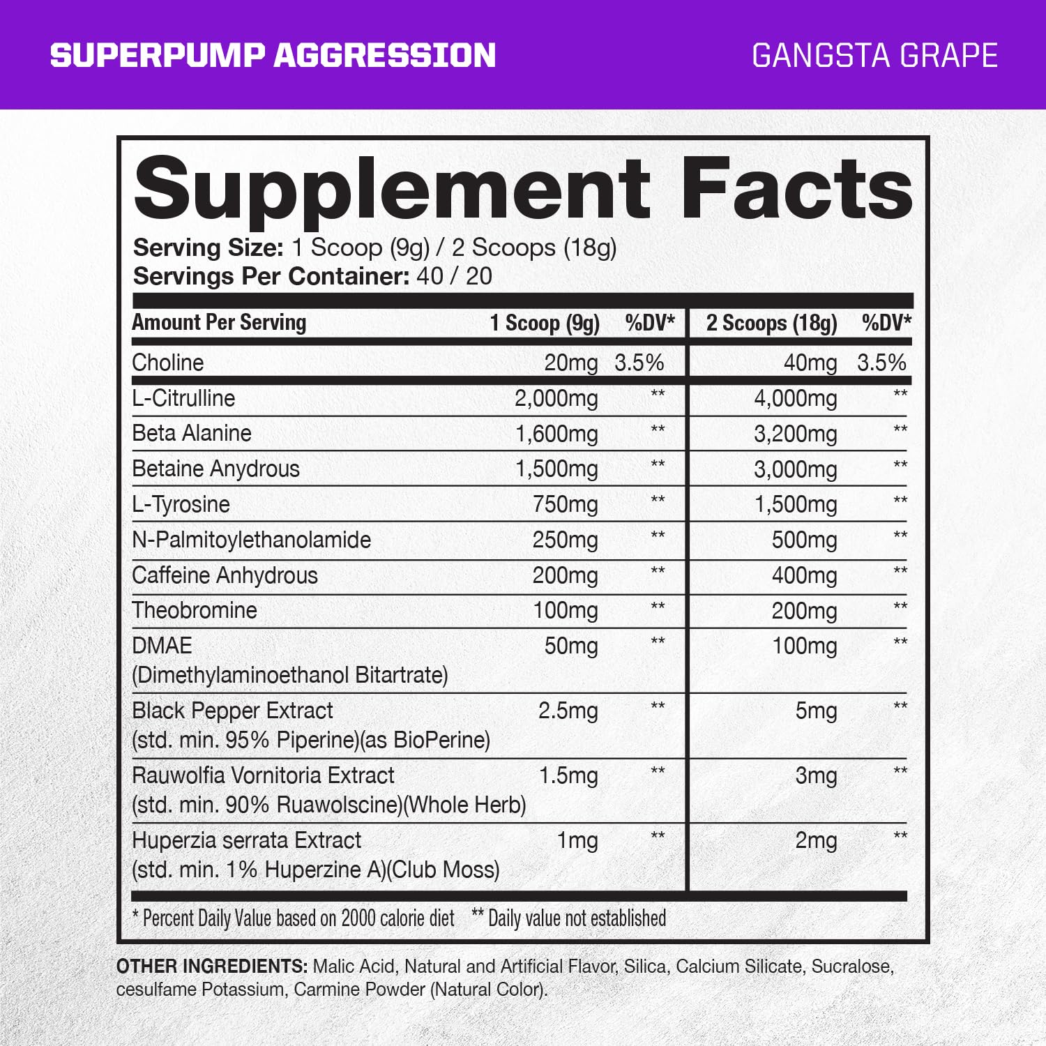 Gaspari SuperPump Aggression canister label highlighting endurance and focus benefits