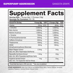 Gaspari SuperPump Aggression canister label highlighting endurance and focus benefits