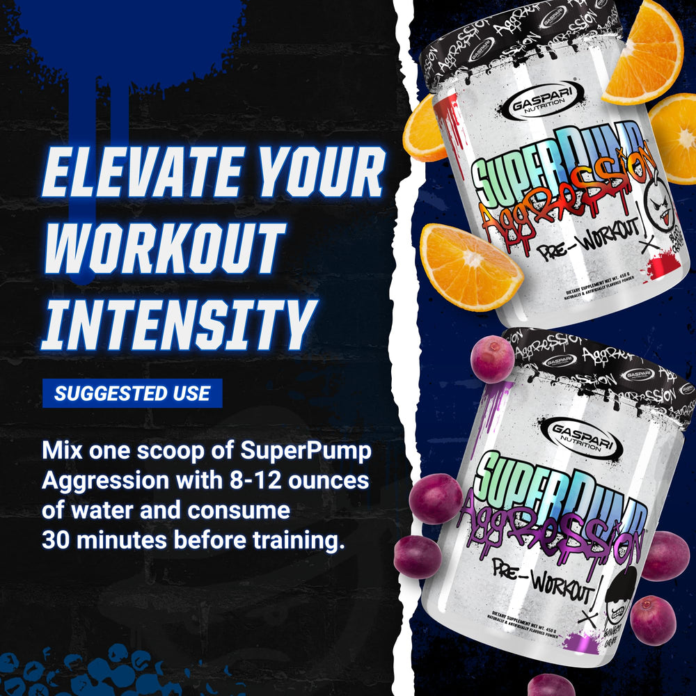 Gaspari SuperPump Aggression powder in glass with water suggesting quick hydration