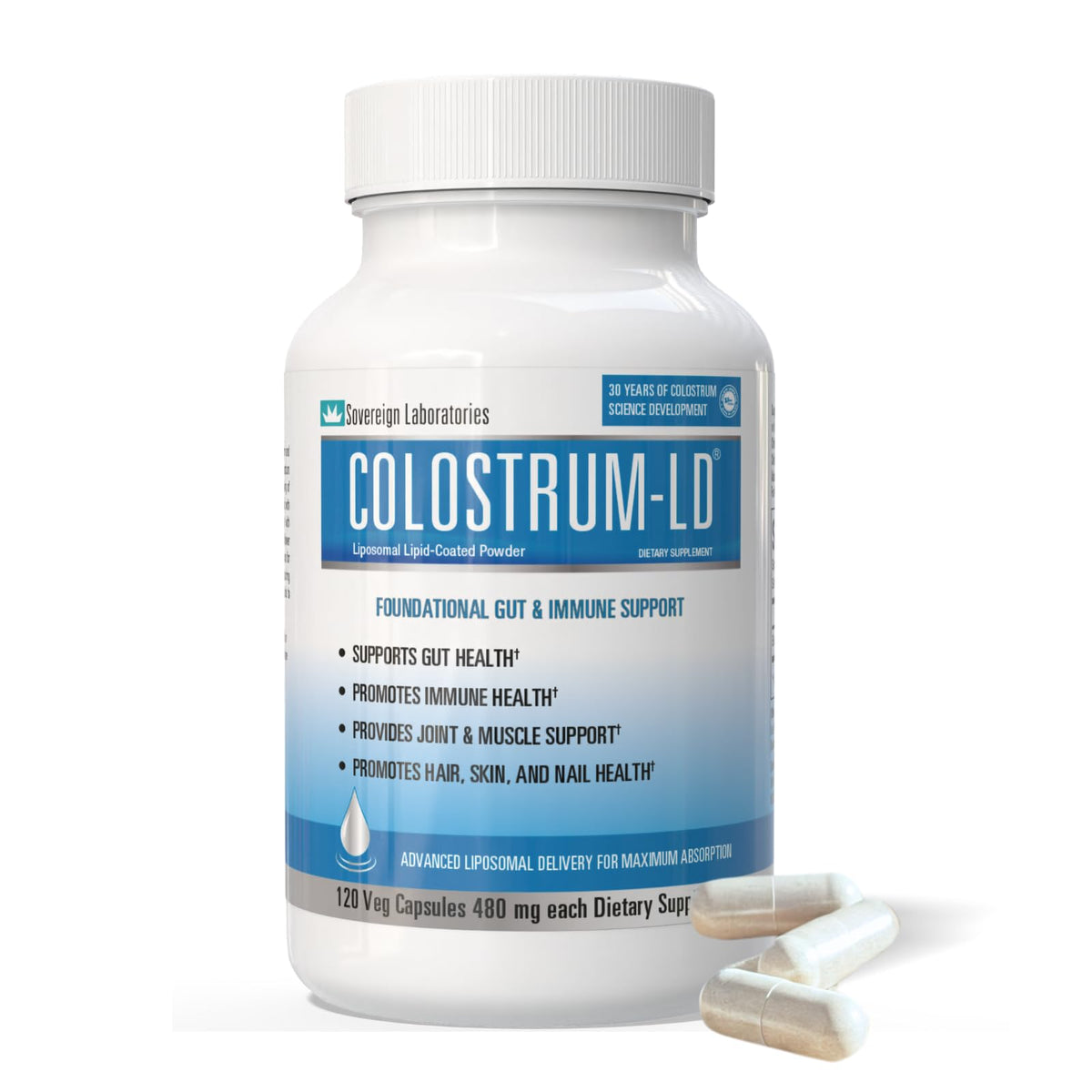 GastroDefense Colostrum-LD bottle front with capsules, ready for daily use.