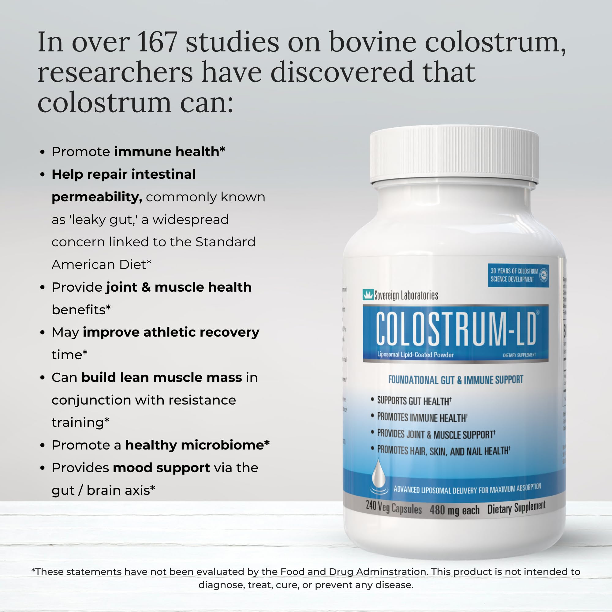 GastroDefense Colostrum-LD capsule close-up showing smooth texture for swallowing.
