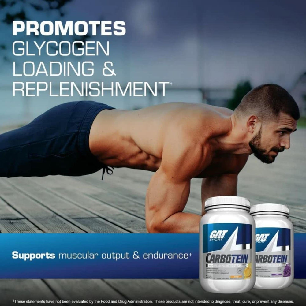 GAT SPORT Carbotein grape nutrition panel for quick product insights.
