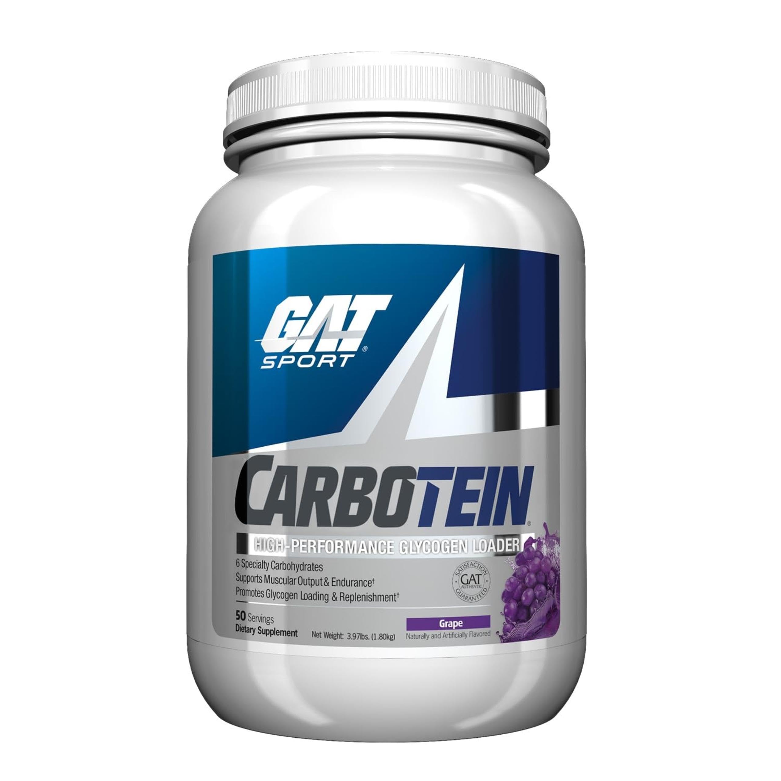 GAT SPORT Carbotein high-performance glycogen loader grape tub ready to fuel workouts.