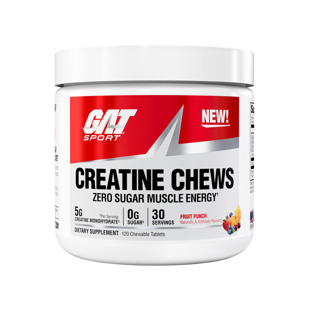 GAT SPORT Creatine Chews Fruit Punch packaging highlighting on-the-go training support