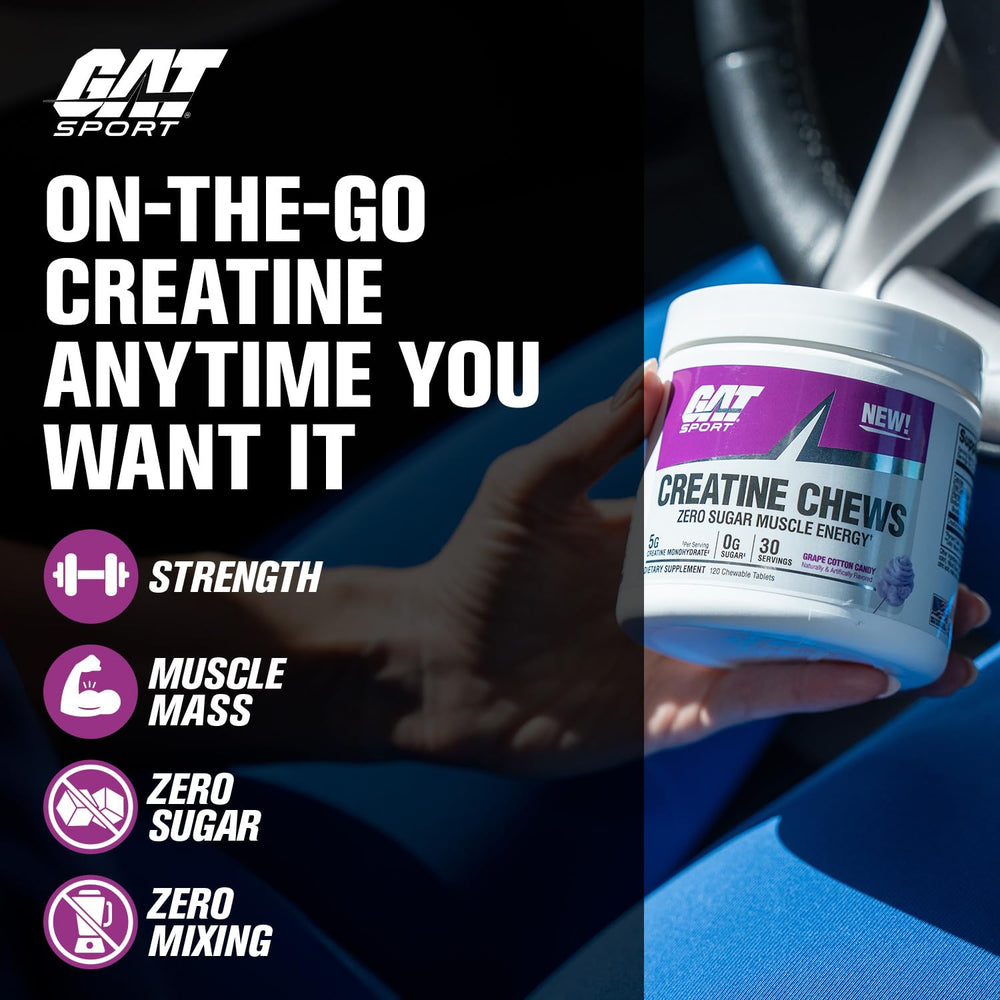 GAT SPORT Creatine Chews Grape Cotton Candy packaging for daily creatine routine