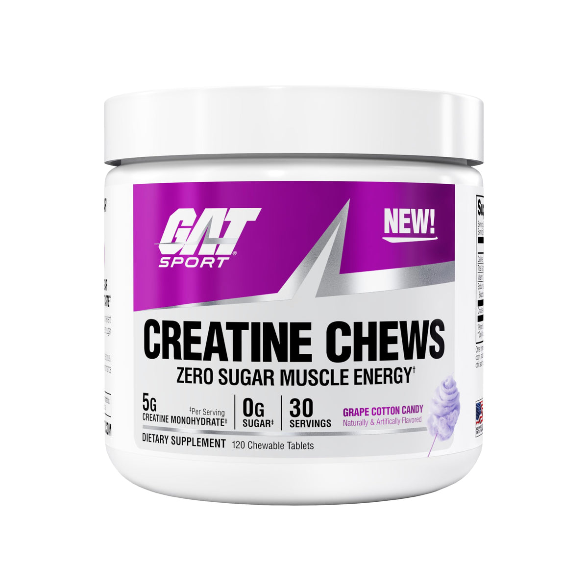 GAT SPORT Creatine Chews jar front displaying zero sugar formula for on-the-go athletes.