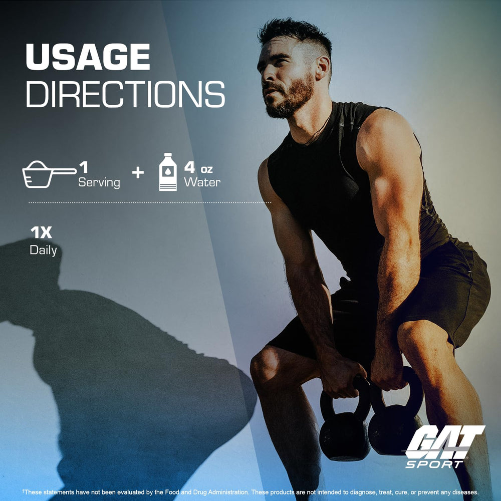 Close-up label of GAT SPORT Creatine powder indicating purity and testing