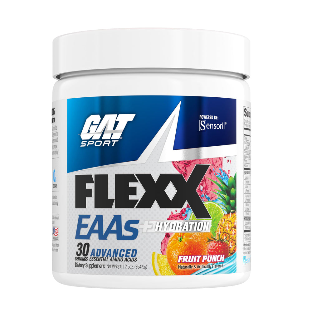 GAT SPORT Flexx EAAs bottle on a clean surface, ready for recovery support after workouts.