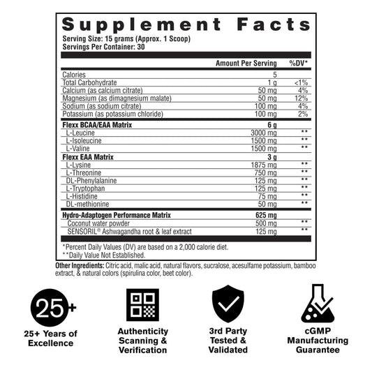 GAT SPORT Flexx EAAs label close-up showing effective formula