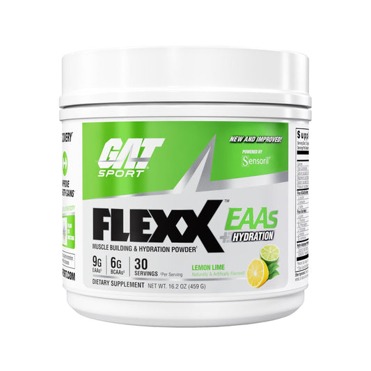GAT SPORT Flexx EAAs lemon lime bottle for enhanced recovery and hydration.