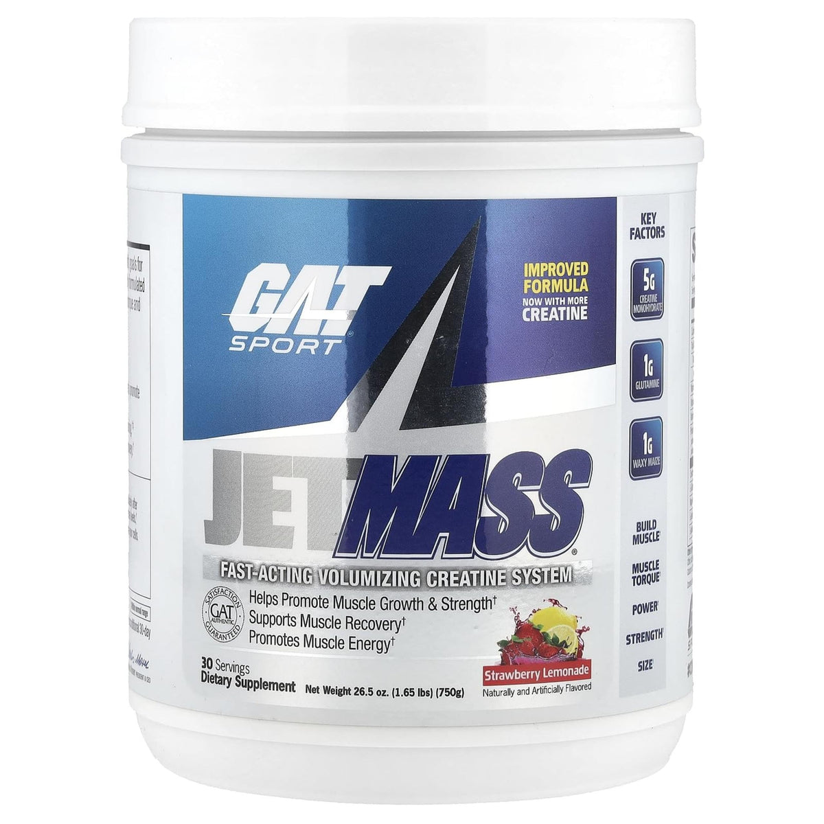 GAT SPORT JetMass Strawberry Lemonade bottle for post-workout volumization.