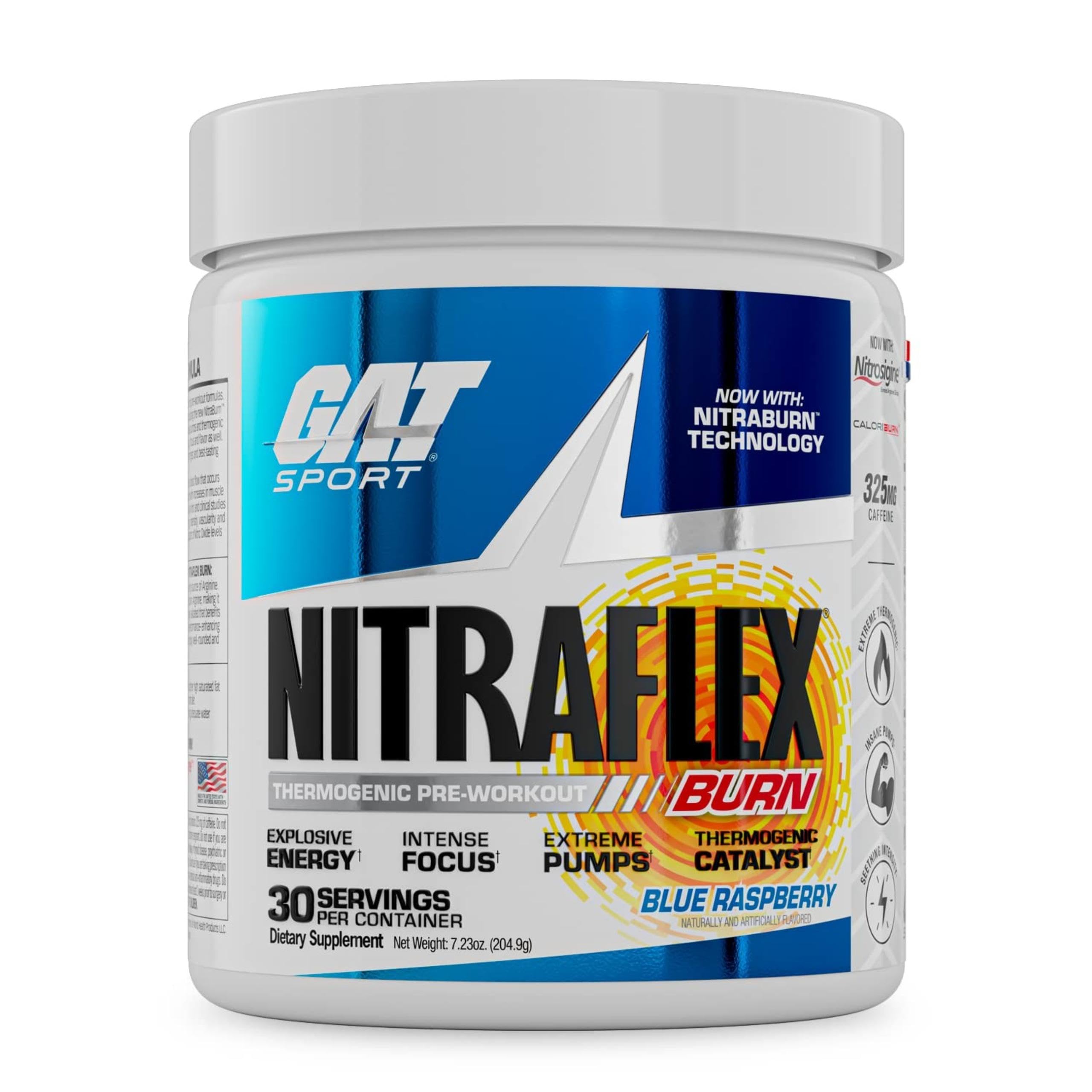 GAT SPORT Nitraflex Burn blue raspberry bottle ready for an energizing pre-workout boost.