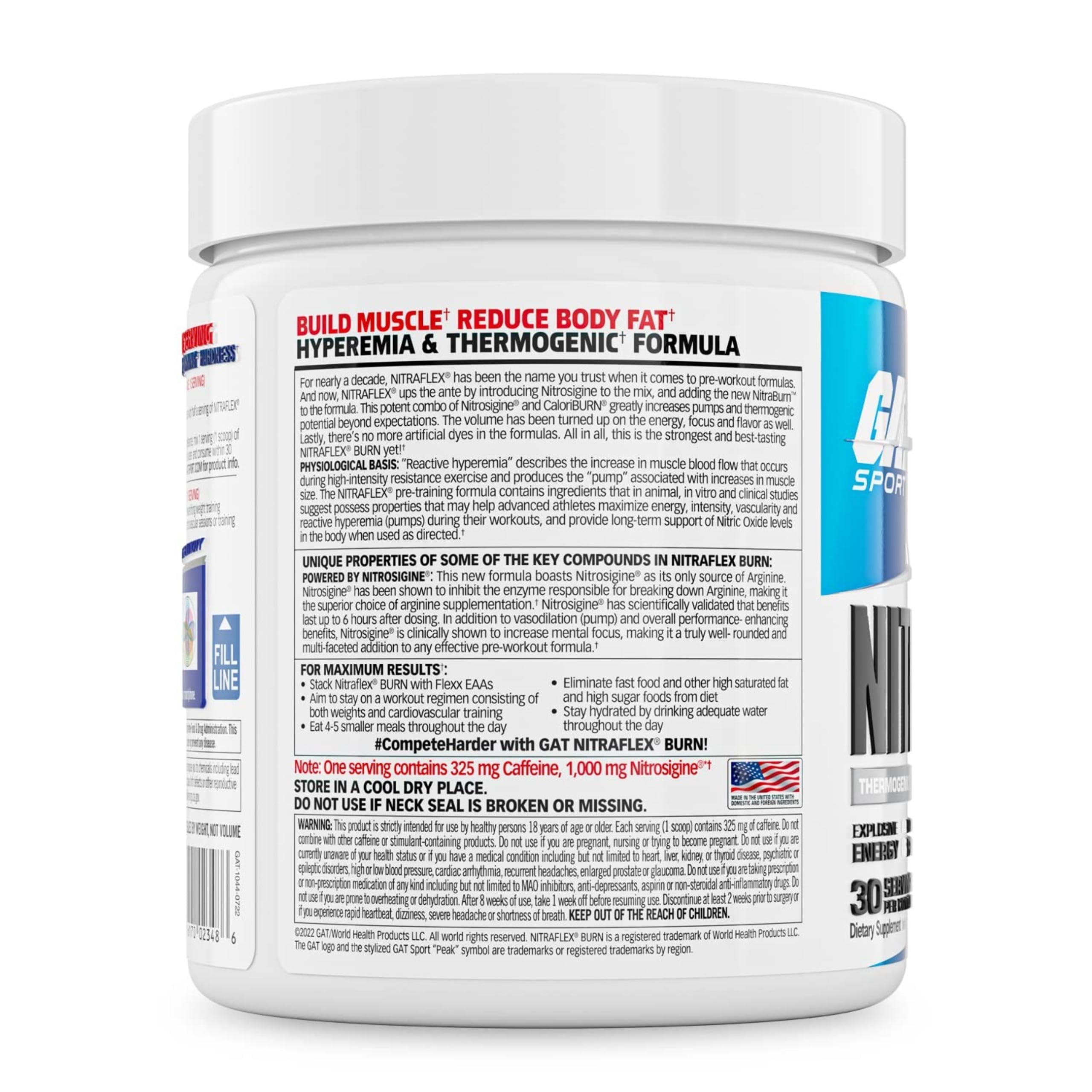 GAT SPORT NITRAFLEX Burn powder scoop ready for quick pre-workout mix.