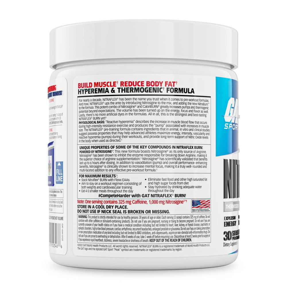 GAT SPORT NITRAFLEX Burn powder scoop ready for quick pre-workout mix.