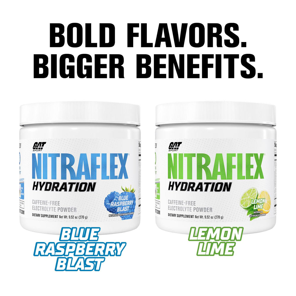Nitraflex Hydration ingredients panel highlights sodium, potassium, magnesium, calcium for performance support.